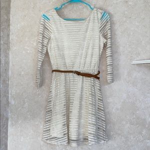 Off White 3/4 Sleeve striped Belted dress
